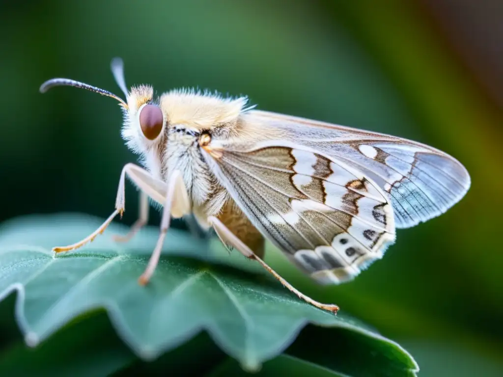 Una polilla hembra libera feromonas desde su abdomen, destacando su delicada anatomía y la importancia de las feromonas en insectos