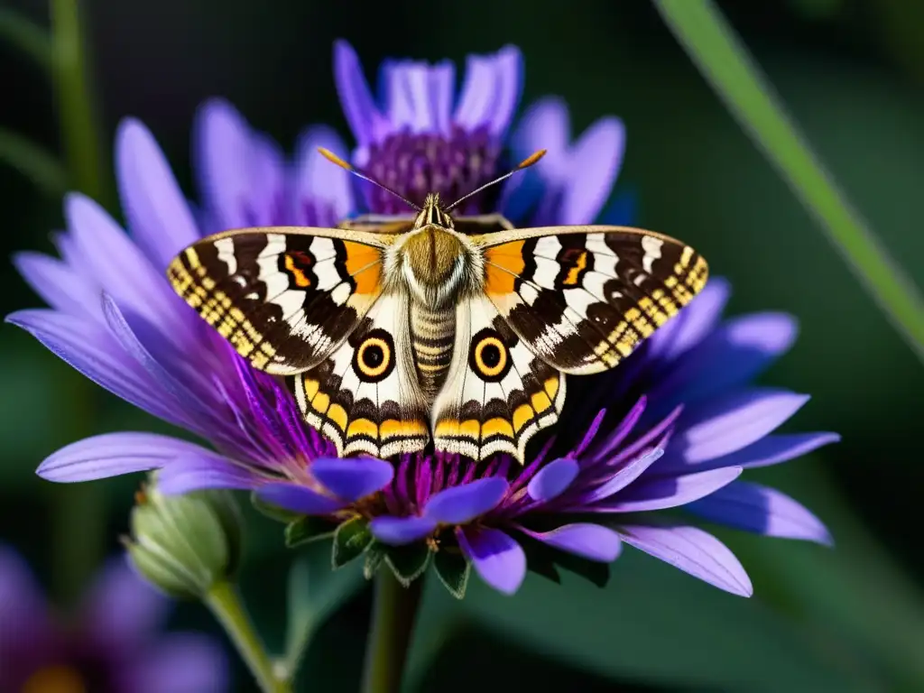 Una polilla nocturna con patrones intrincados en sus alas, revoloteando sobre una vibrante flor morada