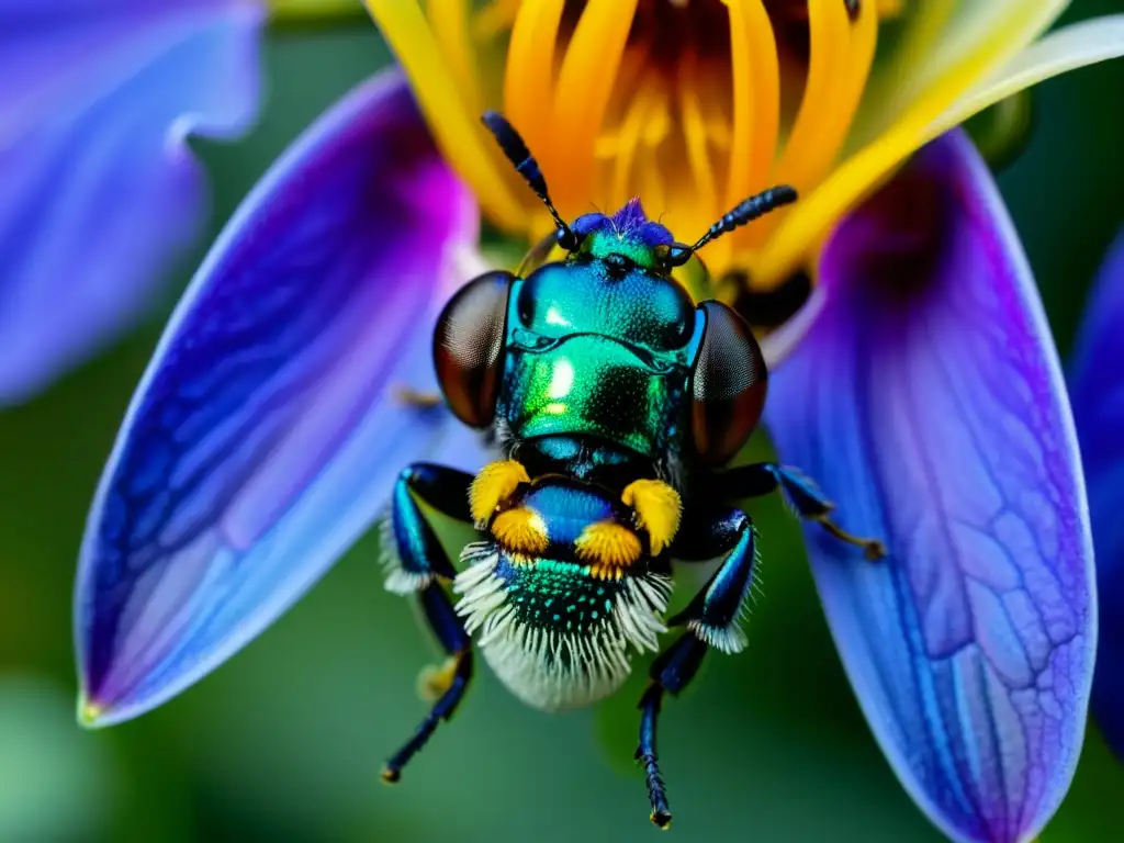 Un polinizador insólito, la abeja orquídea, recoge delicadamente polen de una pasionaria brillantemente coloreada