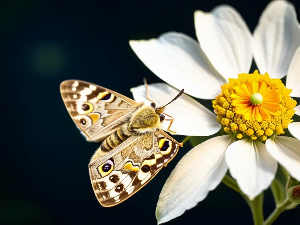 Polinizador nocturno: una misteriosa escena de una polilla recolectando néctar de una flor nocturna, resaltando la importancia de los polinizadores nocturnos en los ecosistemas