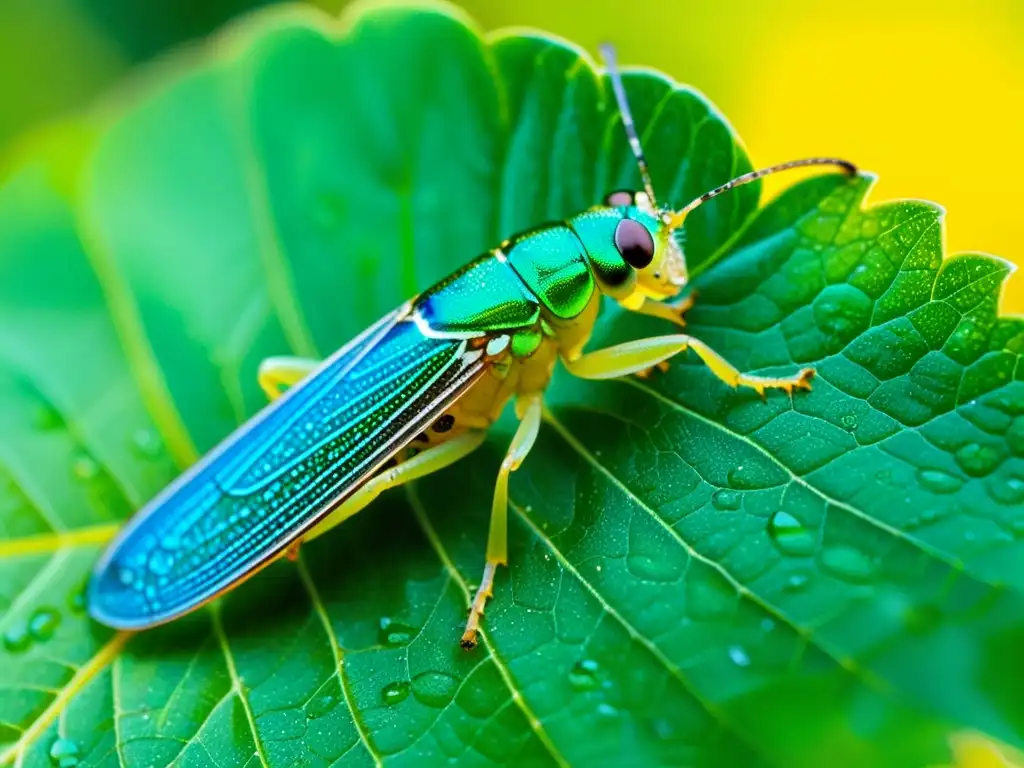 Un saltahojas posado en una hoja verde vibrante, con alas iridiscentes y cuerpo segmentado