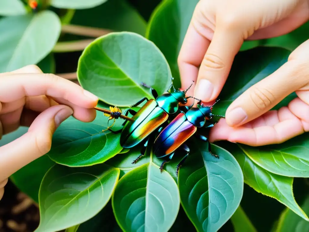 Un practicante de medicina ancestral extrae propiedades medicinales de insectos iridiscentes sobre hojas verdes, con delicadeza y reverencia