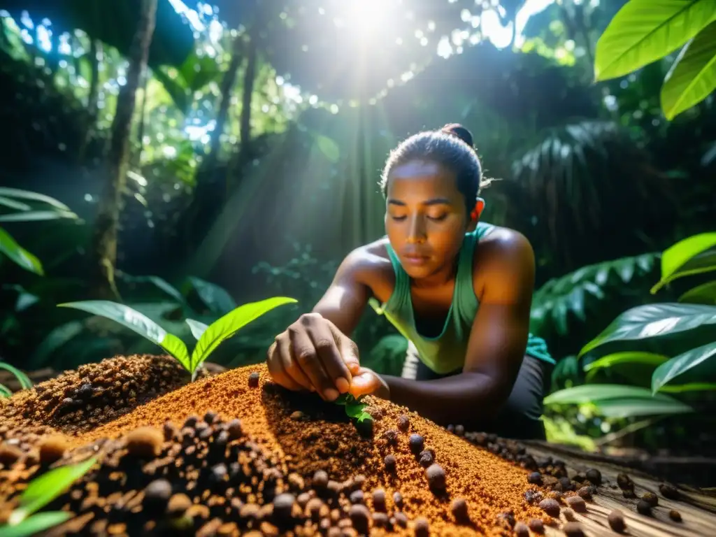 Un practicante de medicina tradicional recoge insectos en un hormiguero en la selva amazónica