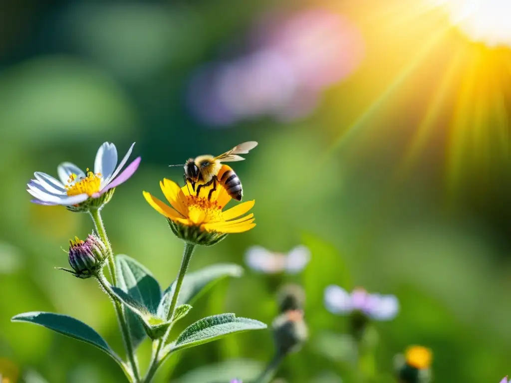 Una pradera exuberante llena de flores silvestres y vida, iluminada por el sol