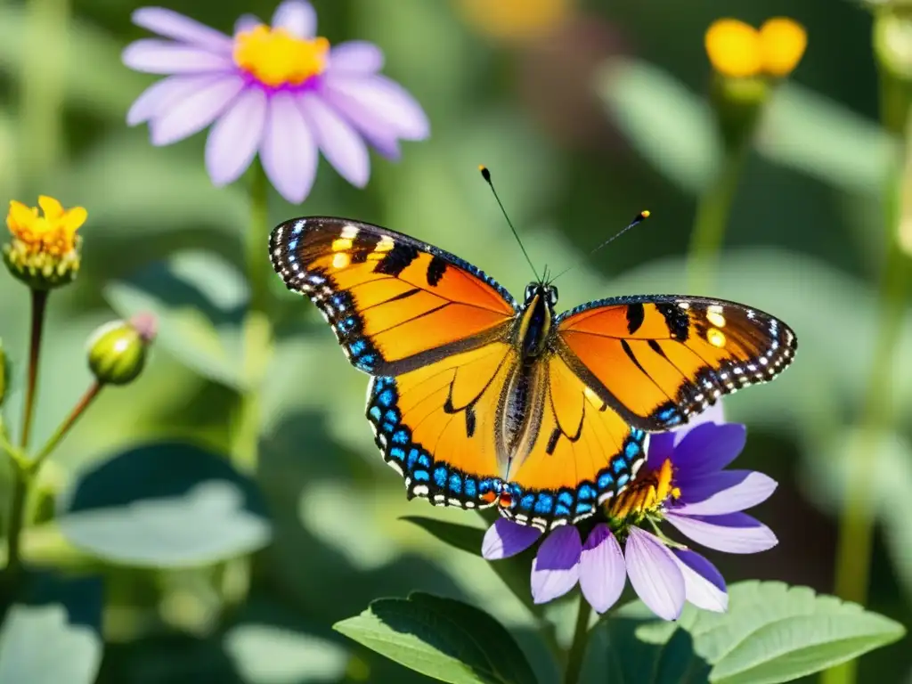 Un prado vibrante y exuberante, con flores silvestres coloridas y detalladas alas de mariposa