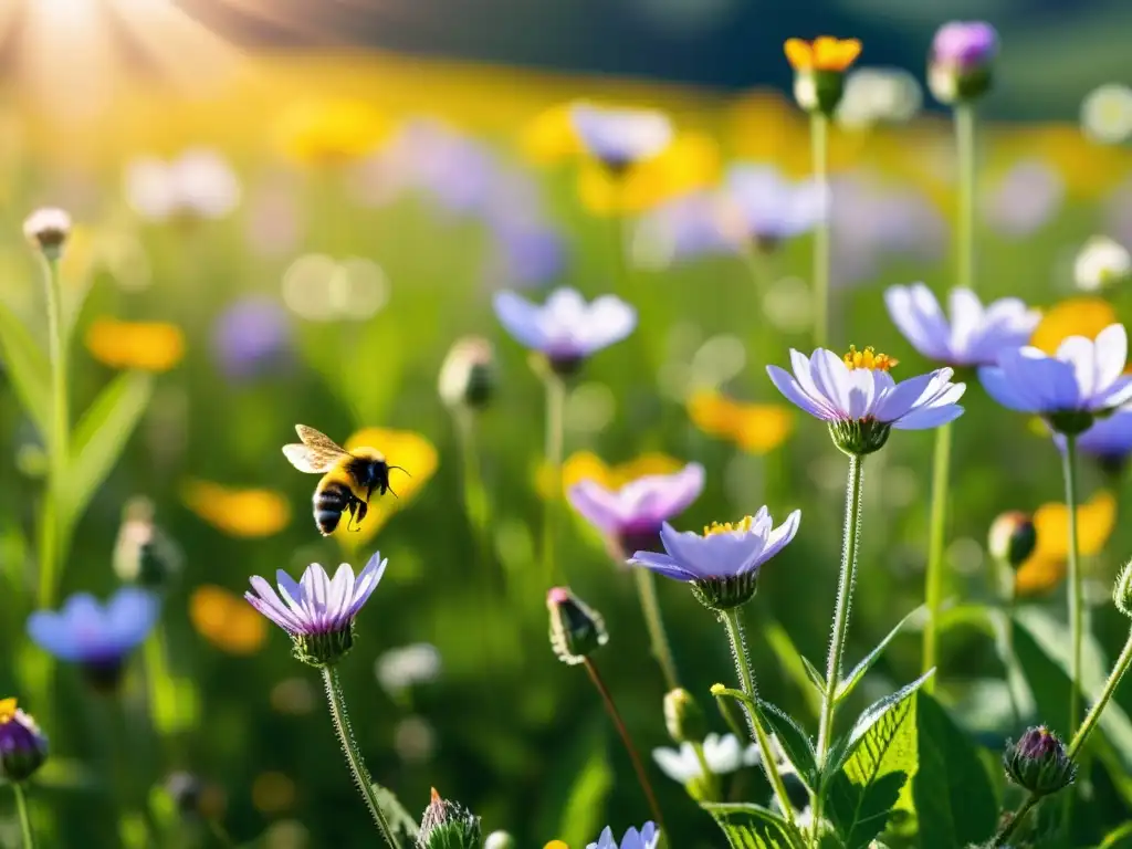 Un prado de flores silvestres vibrantes con insectos, restauración de hábitats para insectos en su máximo esplendor