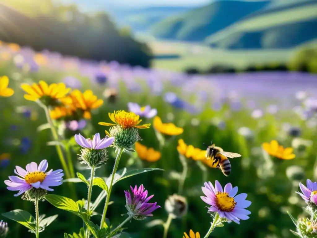 Un prado de flores silvestres vibrantes con polinizadores en pleno vuelo, mostrando la belleza y complejidad de la naturaleza