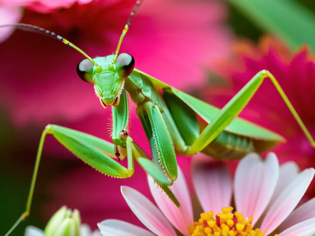 Praying mantis en flor rosa, comportamientos dinámicos de insectos en timelapse, detalle y textura impresionantes