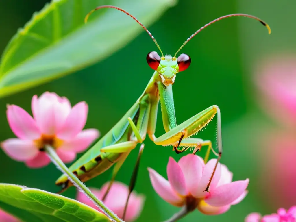 Praying mantis en flor rosa, impacto pesticidas conservación insectos