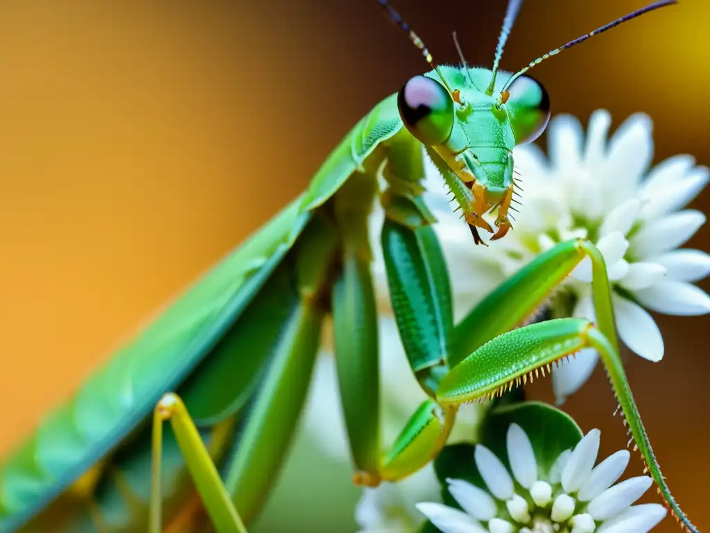 Praying mantis en flor, reflejo de luz en ojos compuestos