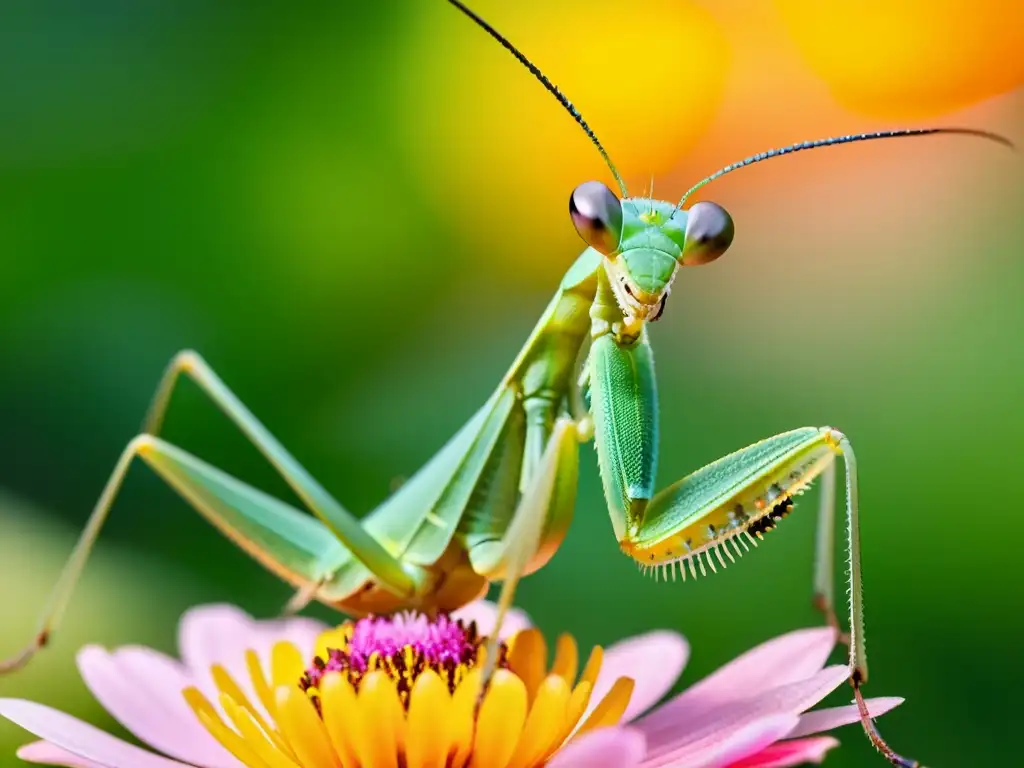 Praying mantis en flor vibrante, detallada imagen en closeup muestra técnicas de caza en insectos