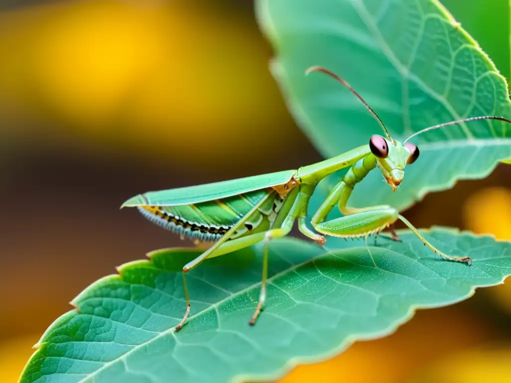 Praying mantis en hoja con patrón camuflado