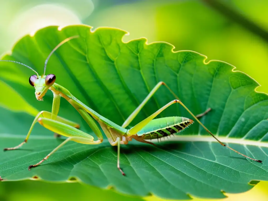 Praying mantis en hoja, detallada y vibrante, exuda naturaleza cautivadora y conecta con políticas internacionales conservación insectos