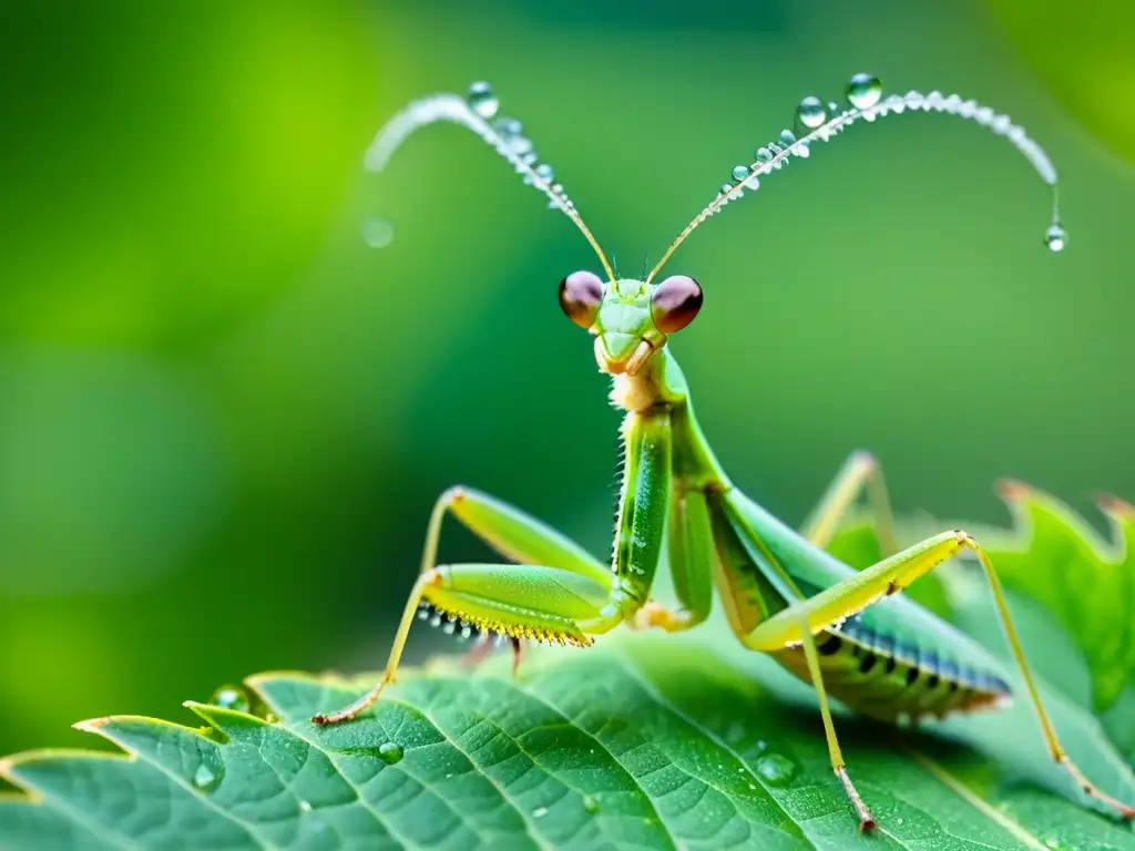 'Praying mantis en hoja, detalle en verde vibrante