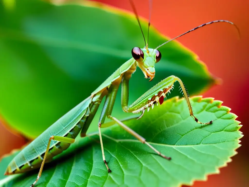 Praying mantis en hoja, detalle de ojos compuestos, patas y alas