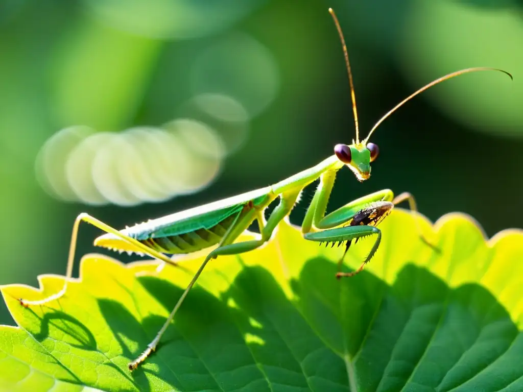 Praying mantis en hoja con detalles asombrosos, resaltando la belleza del mundo insectos