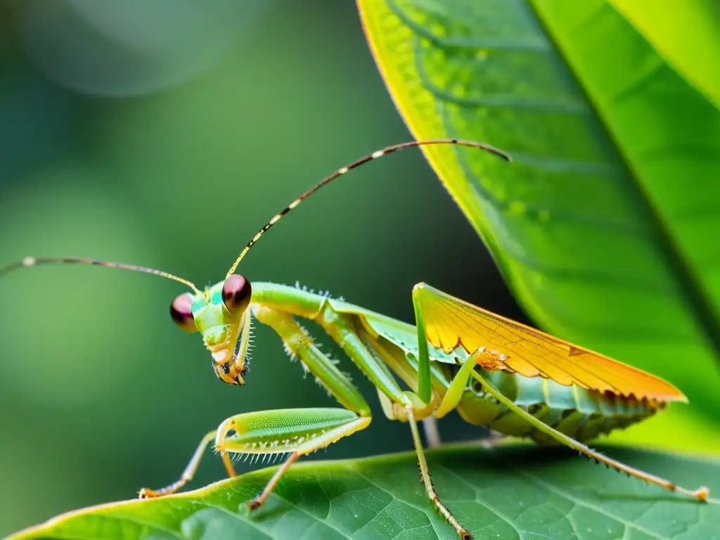 Praying mantis en hoja con detalles vibrantes, patas espinosas y alas transparentes