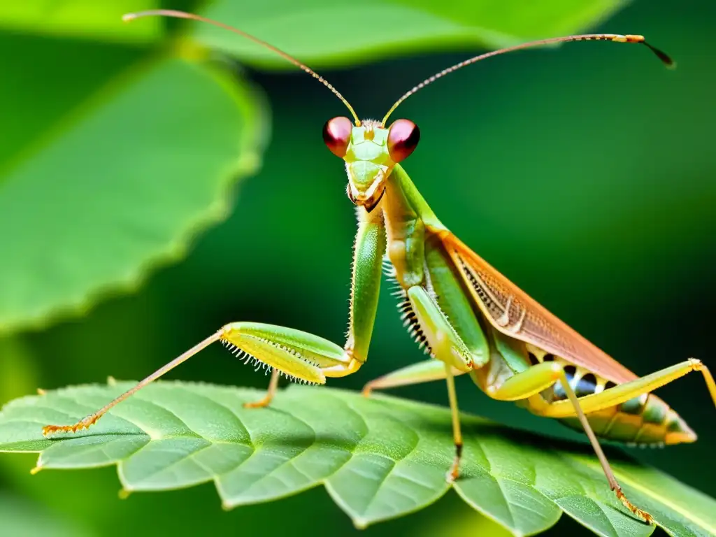 Praying mantis en hoja, tocando flor