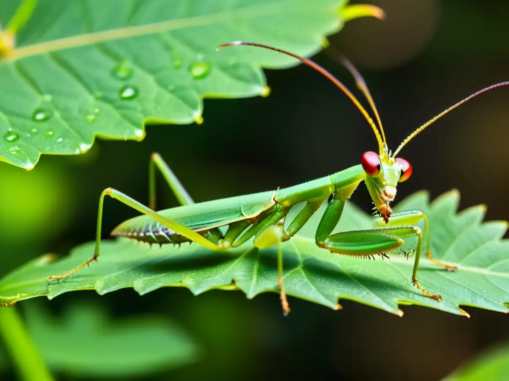 Praying mantis en hoja con gotas de agua, detalle de ojos compuestos y forelimbs