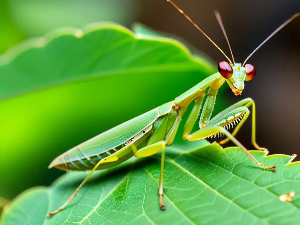 Praying mantis en hoja capturando la luz del sol