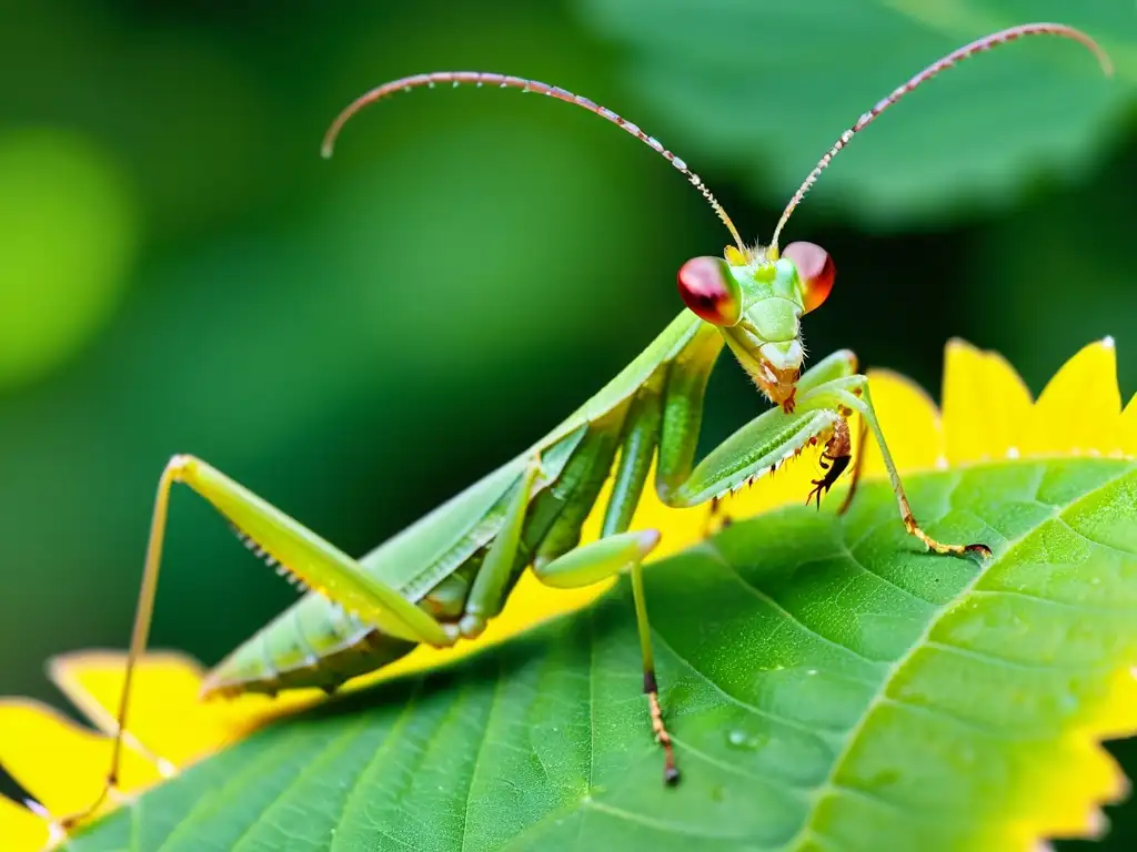 Praying mantis en hoja verde, detallada y quieta, mostrando la importancia de los predadores noinsectos en el ecosistema