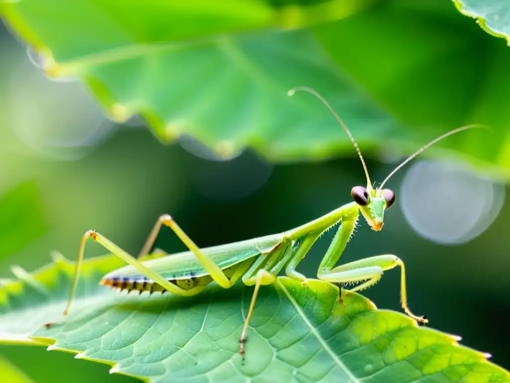 Praying mantis en hoja verde, detallada y vibrante