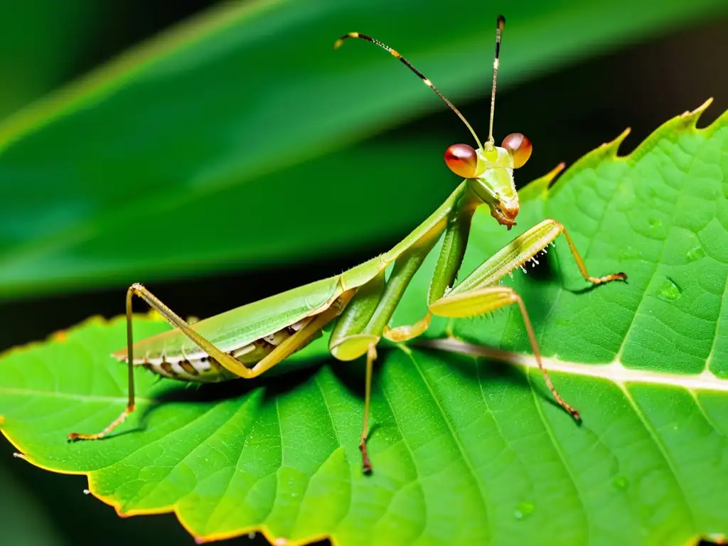 Praying mantis en hoja verde con tácticas de alimentación de insectos, enfoque detallado y belleza natural