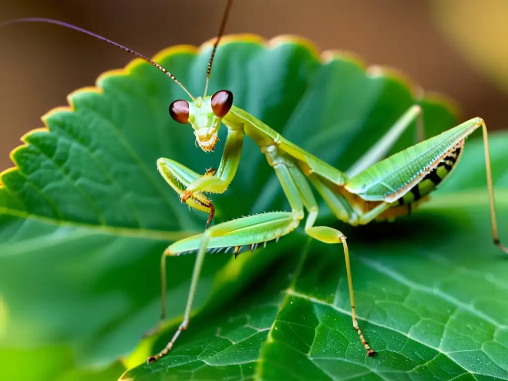 Praying mantis devorando un insecto sobre una hoja