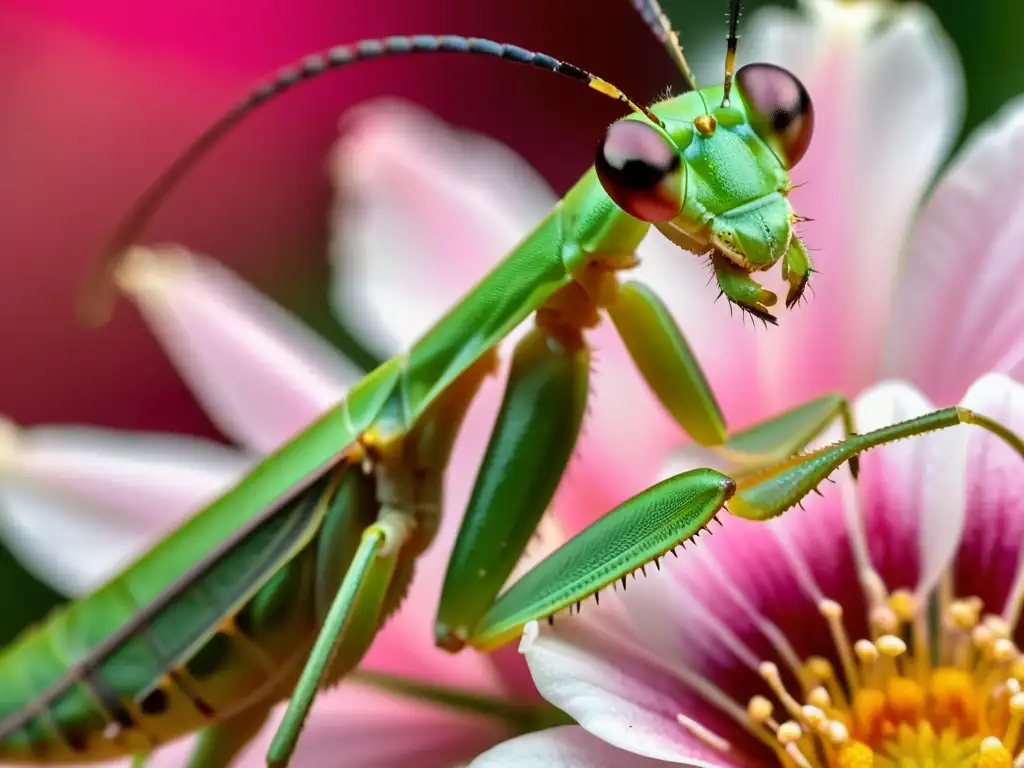 Praying mantis verde en pétalo rosa, detalle y delicadeza