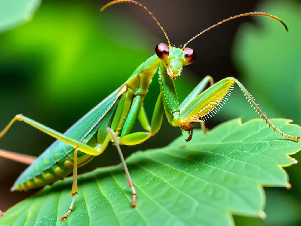 Praying mantis verde sobre hoja, detallada imagen de insecto para Talleres de entomología para aventureros