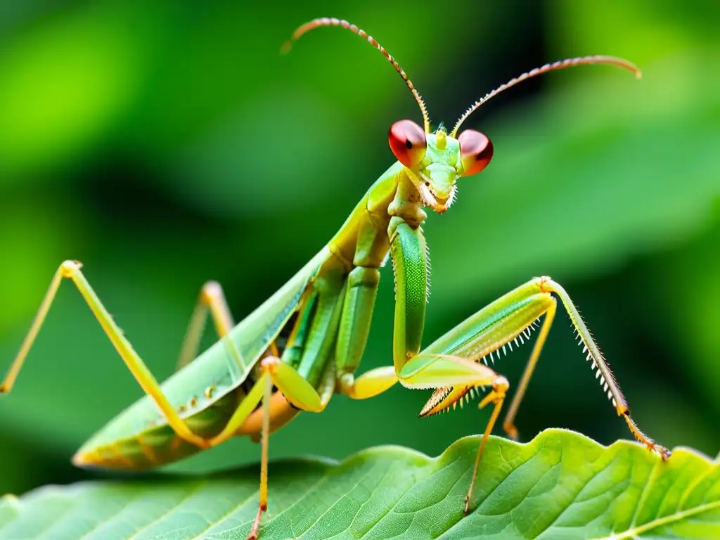 Praying mantis verde en hoja, detallada y cautivadora