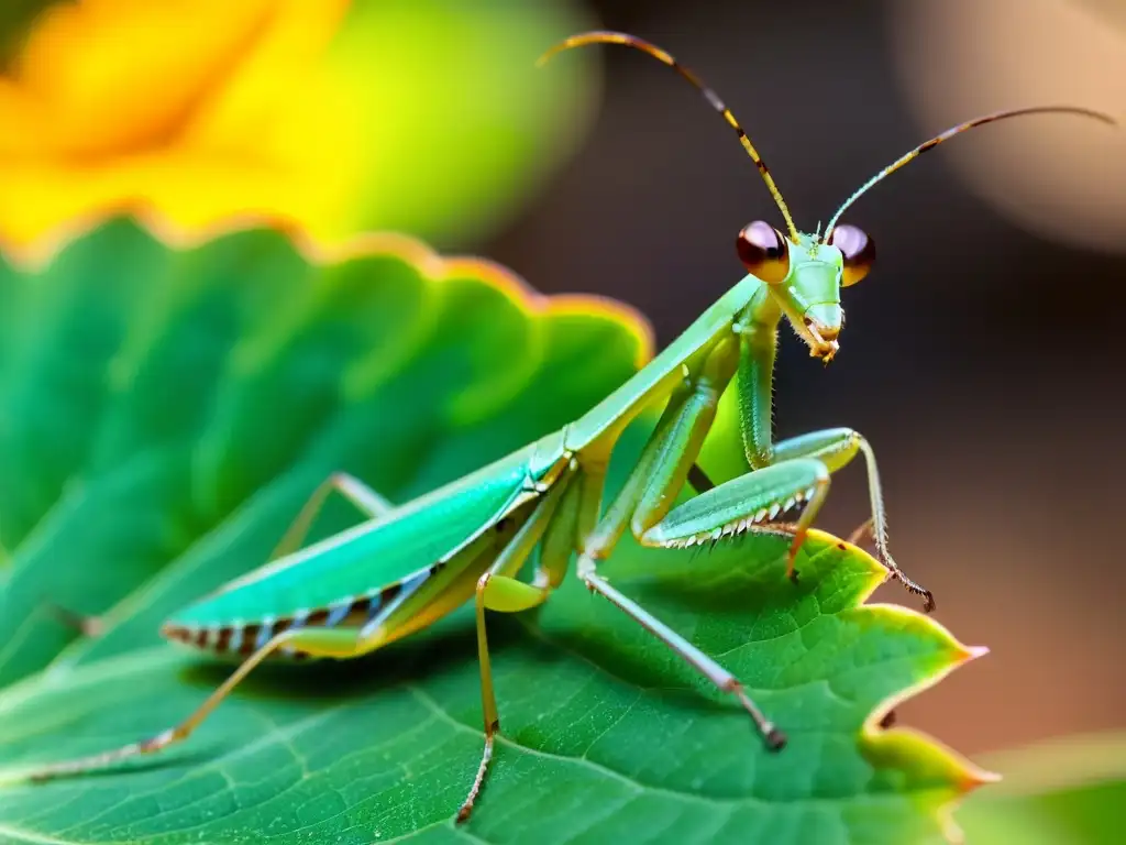 Praying mantis verde en hoja, detalles increíbles