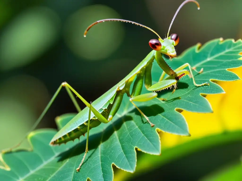 Praying mantis verde en hoja con gotas de agua, detallando su belleza y complejidad