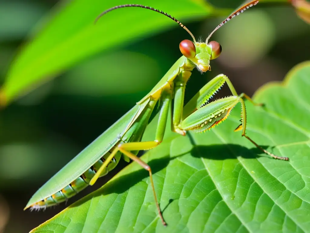 Praying mantis verde en hoja con luz solar, detallando texturas