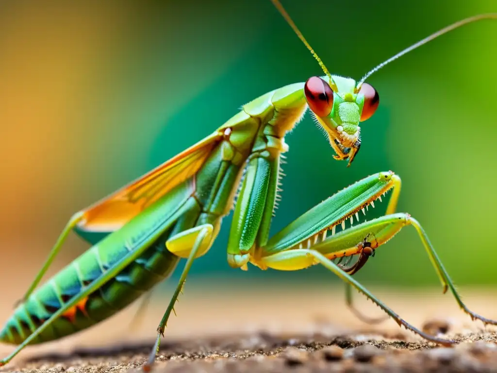 Praying mantis verde suspendida en el aire, con alas extendidas y detalle nítido