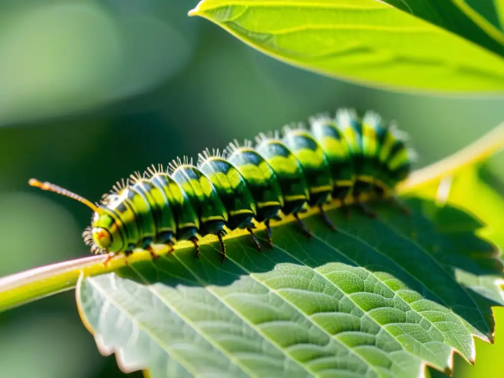 Un primer plano detallado de una vibrante oruga verde moviéndose en una hoja, con patrones y texturas intrincados