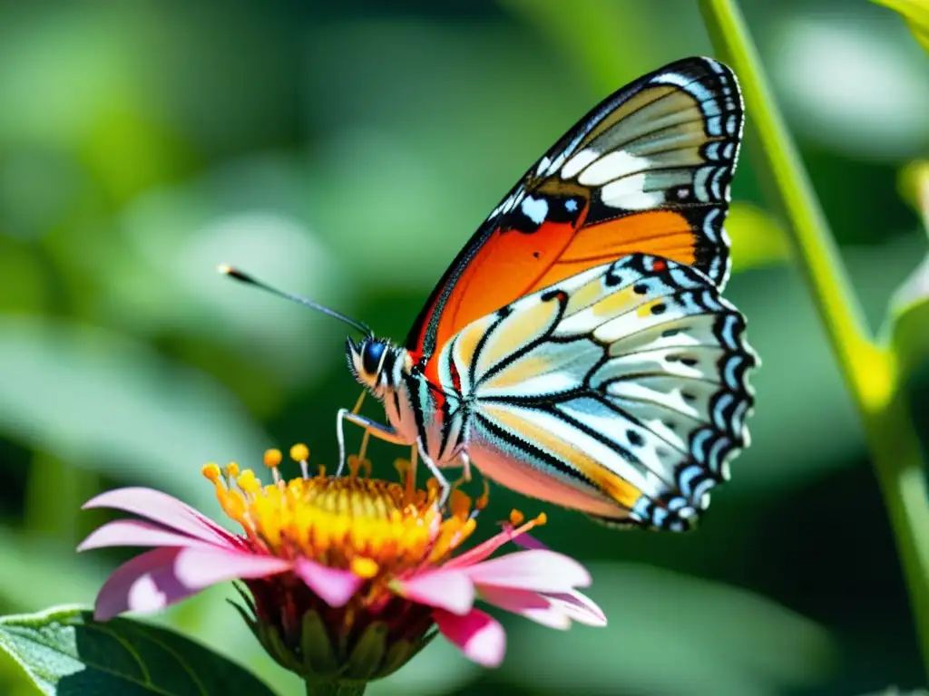 Programas educativos conservación insectos: Mariposa colorida posada en flor vibrante, con alas delicadas y patrones intrincados, bajo la luz del sol