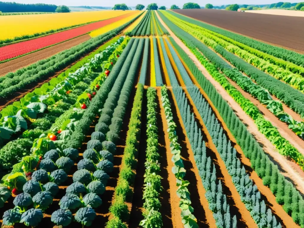 Un próspero y colorido huerto ecológico con frutas y verduras bajo el sol, destacando el manejo integrado de plagas ecológico