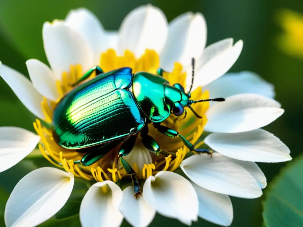 Proyectos de campo en entomología: Escarabajo verde metálico posado en pétalo de flor, reflejando luz solar entre la vegetación