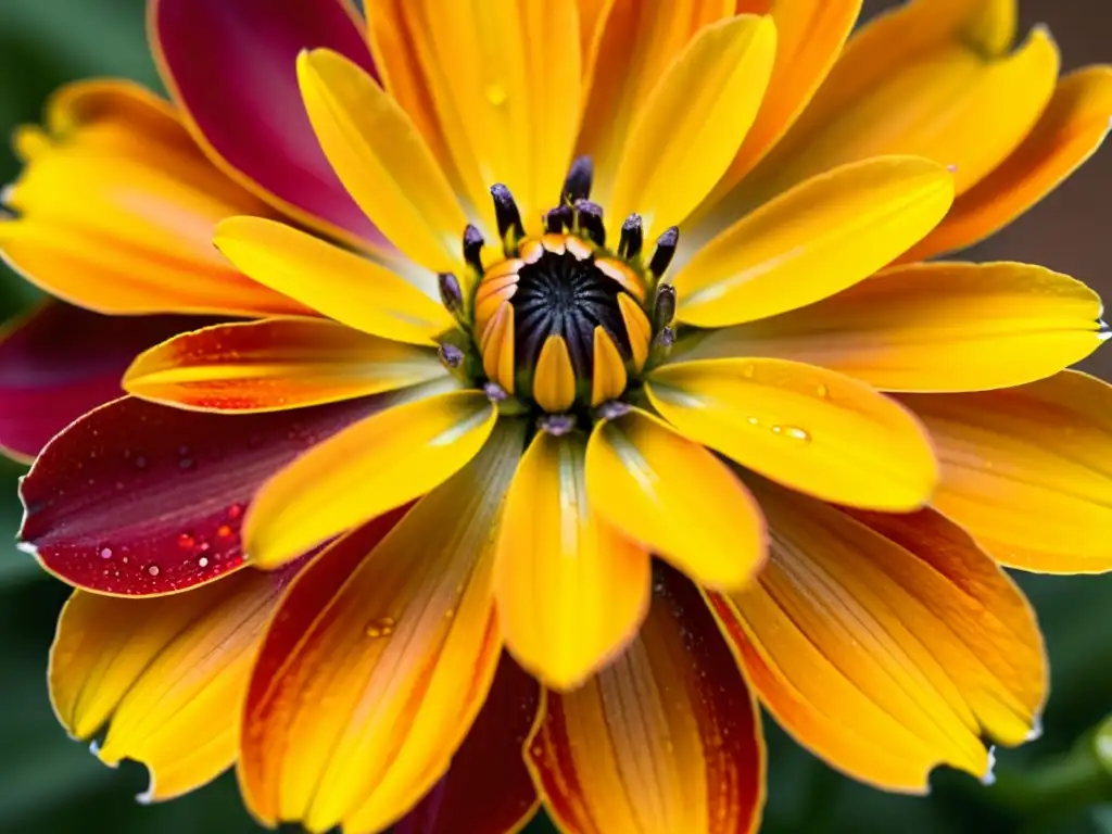 Una radiante flor de cempasúchil cubierta de gotas de agua bajo la cálida luz del sol matutino