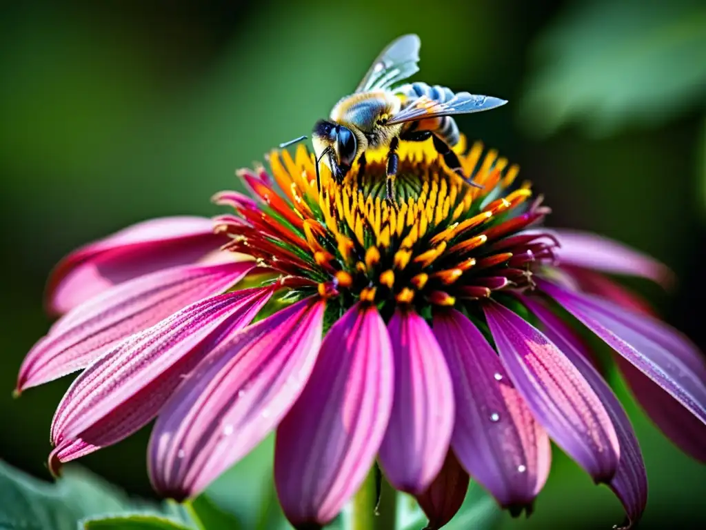 Una radiante flor morada de equinácea con rocío matutino, atrayendo a un pequeño insecto