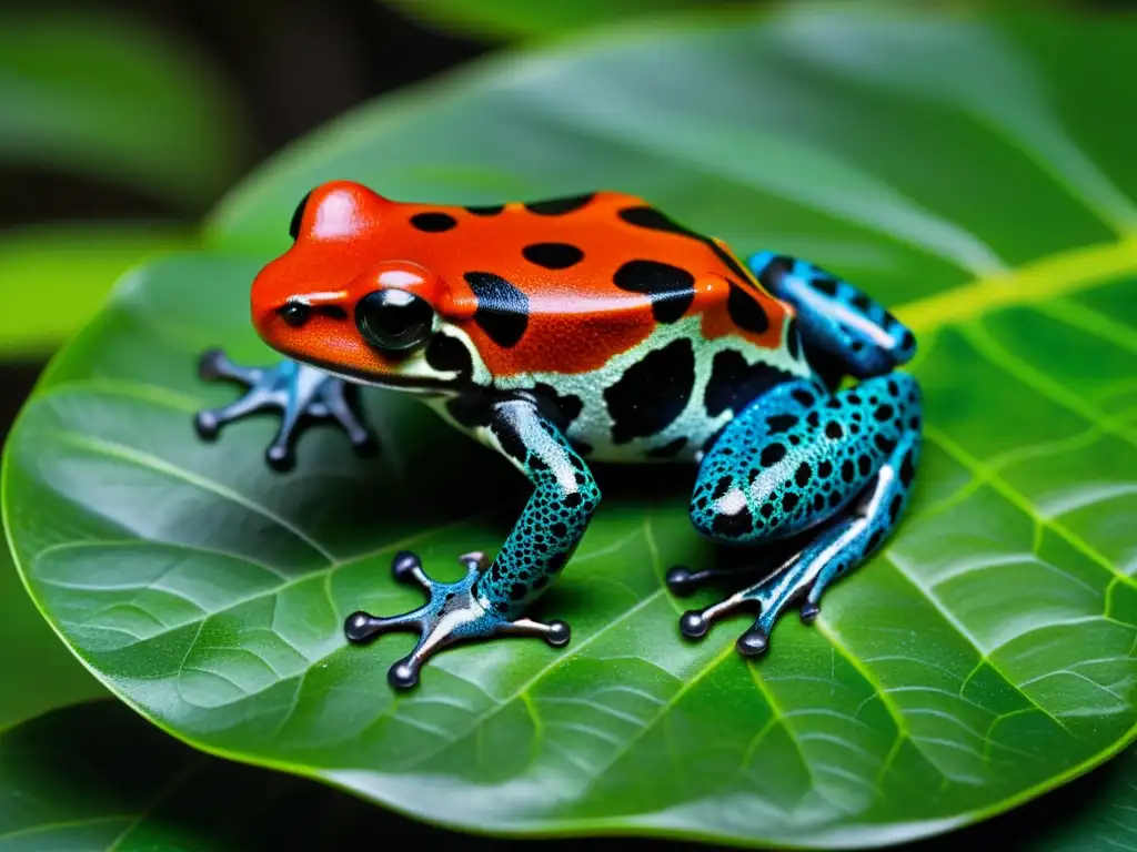 Una rana venenosa roja y negra sobre una hoja verde, mostrando el significado de advertencias aposemáticas en la naturaleza