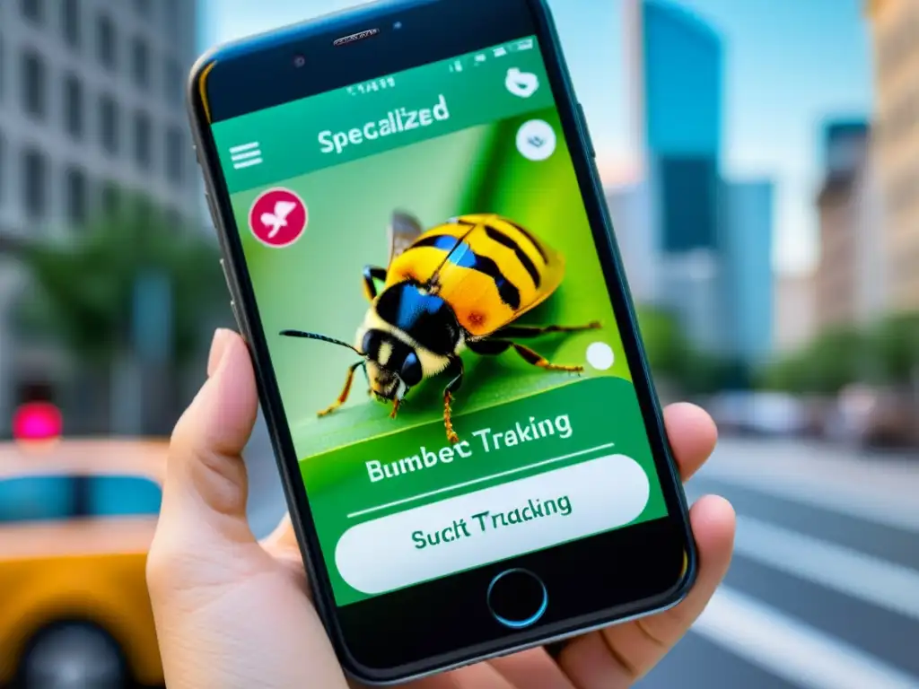 'Rastreo de insectos urbanos con smartphone: Detalles vibrantes de una app y un insecto urbano en primer plano, fusionando tecnología y naturaleza