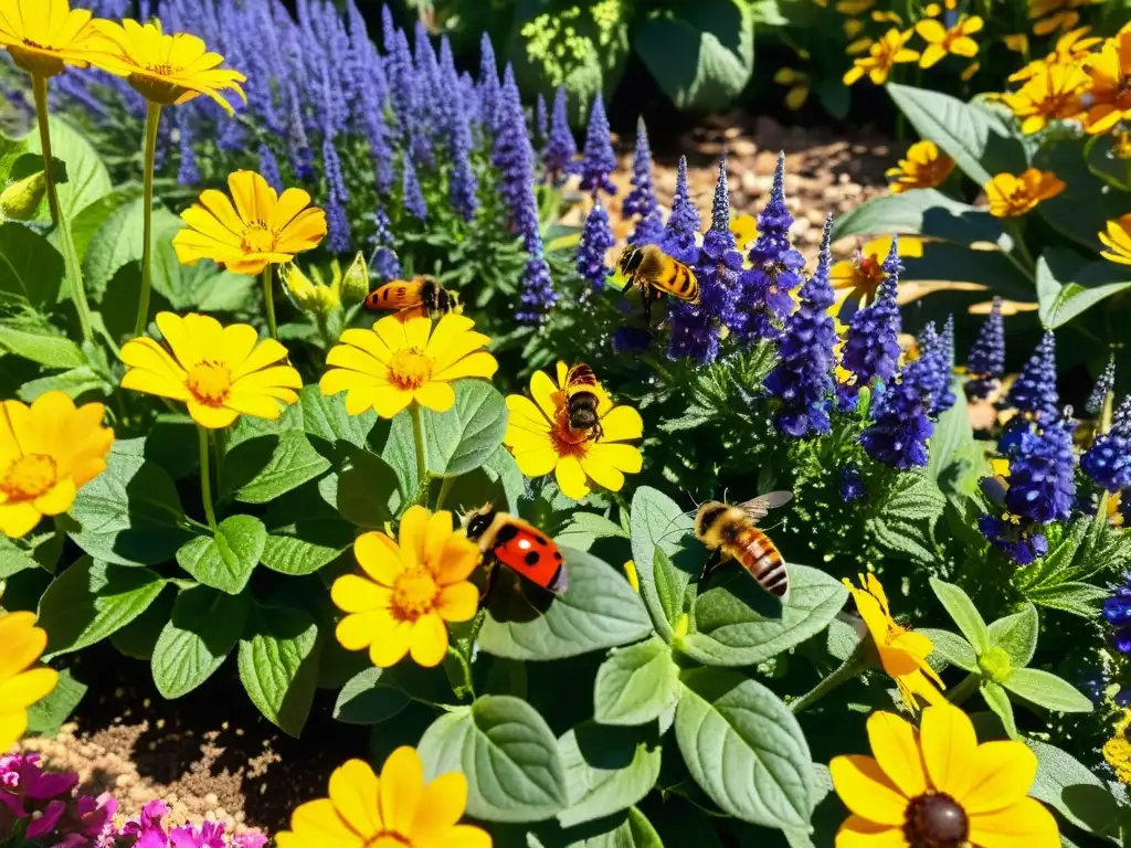 Un jardín rebosante de flores vibrantes y vida, mostrando la sinergia entre plantas e insectos en un escenario de luz dorada y frescura