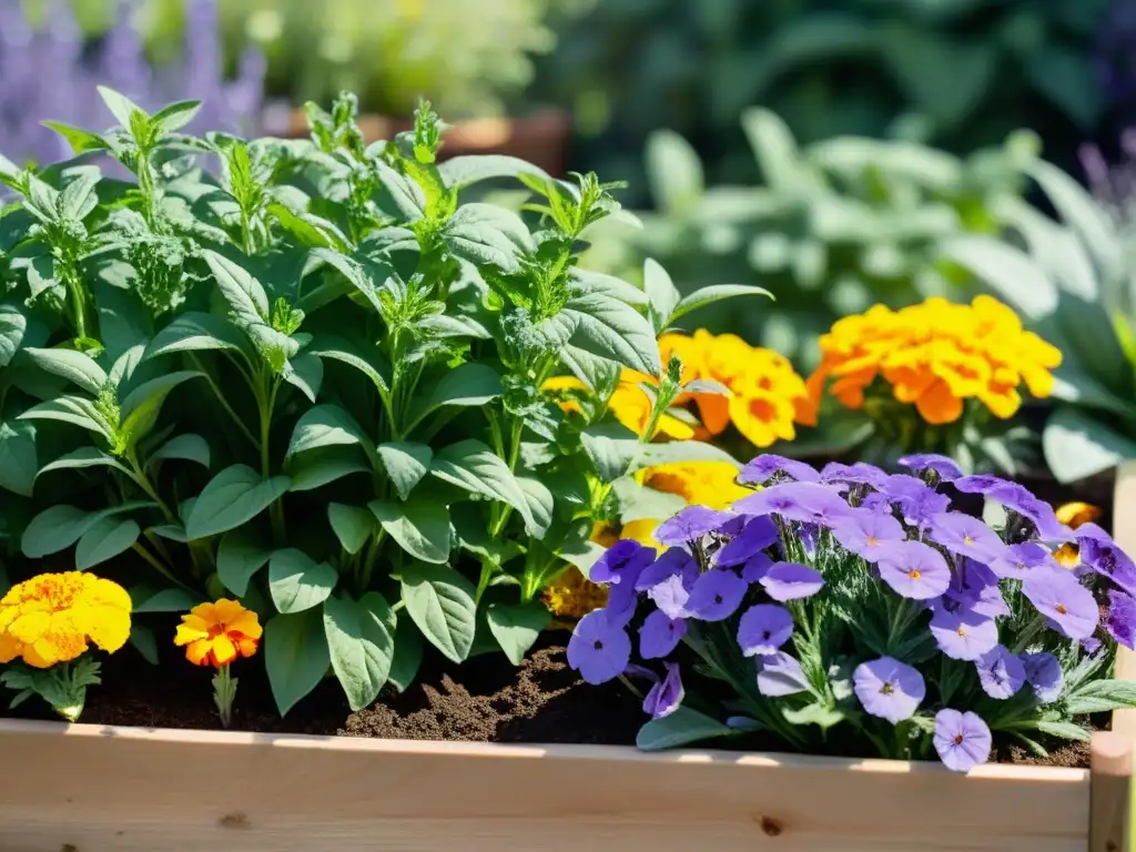 Un jardín rebosante de vida, con plantas aromáticas y coloridas flores