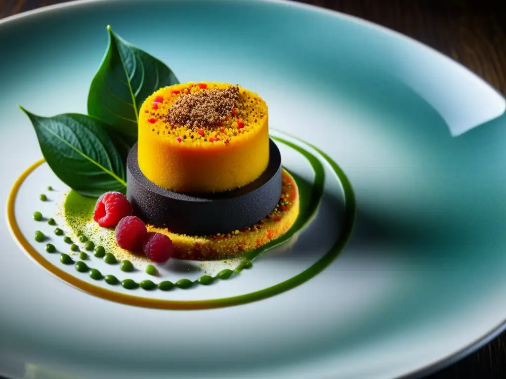 Recetas innovadoras suplementos alimenticios insectos: Exquisito plato gourmet con polvo de hormigas, fusión culinaria vanguardista