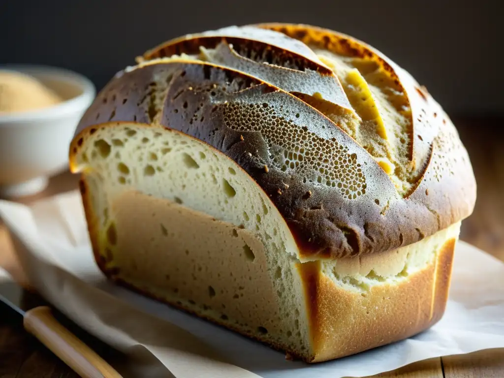 Recetas innovadoras suplementos alimenticios insectos: Detalle del pan recién horneado con harina de grillo, mostrando su textura y color dorado