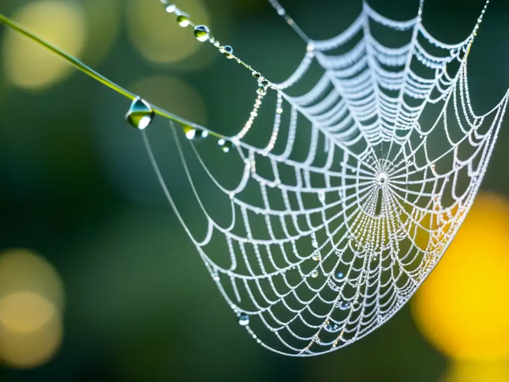 Una red de araña delicada y detallada brilla con gotas de rocío bajo la luz matutina, creando una obra de arte natural hipnotizante