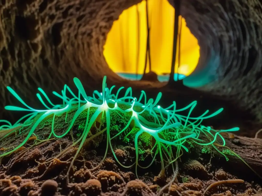 Una red intrincada de túneles de termitas entrelazados con micelio fúngico, iluminada por el suave brillo de hongos bioluminiscentes