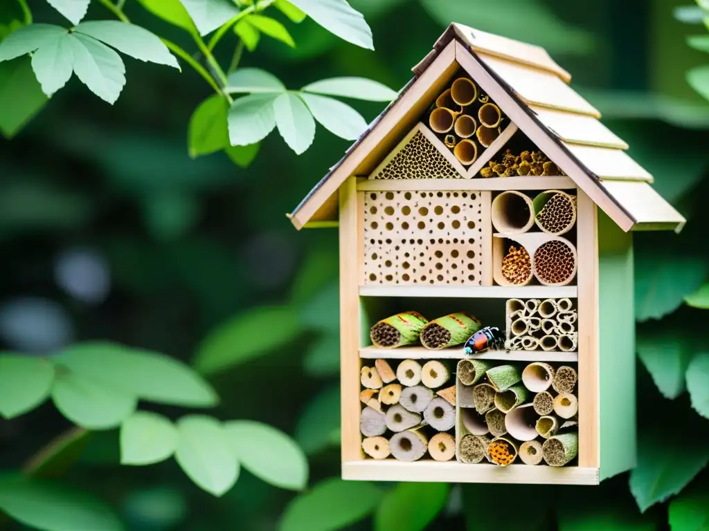 Refugios para insectos en espacios urbanos: Un hotel de insectos entre follaje verde, habitado por abejas, mariposas y mariquitas